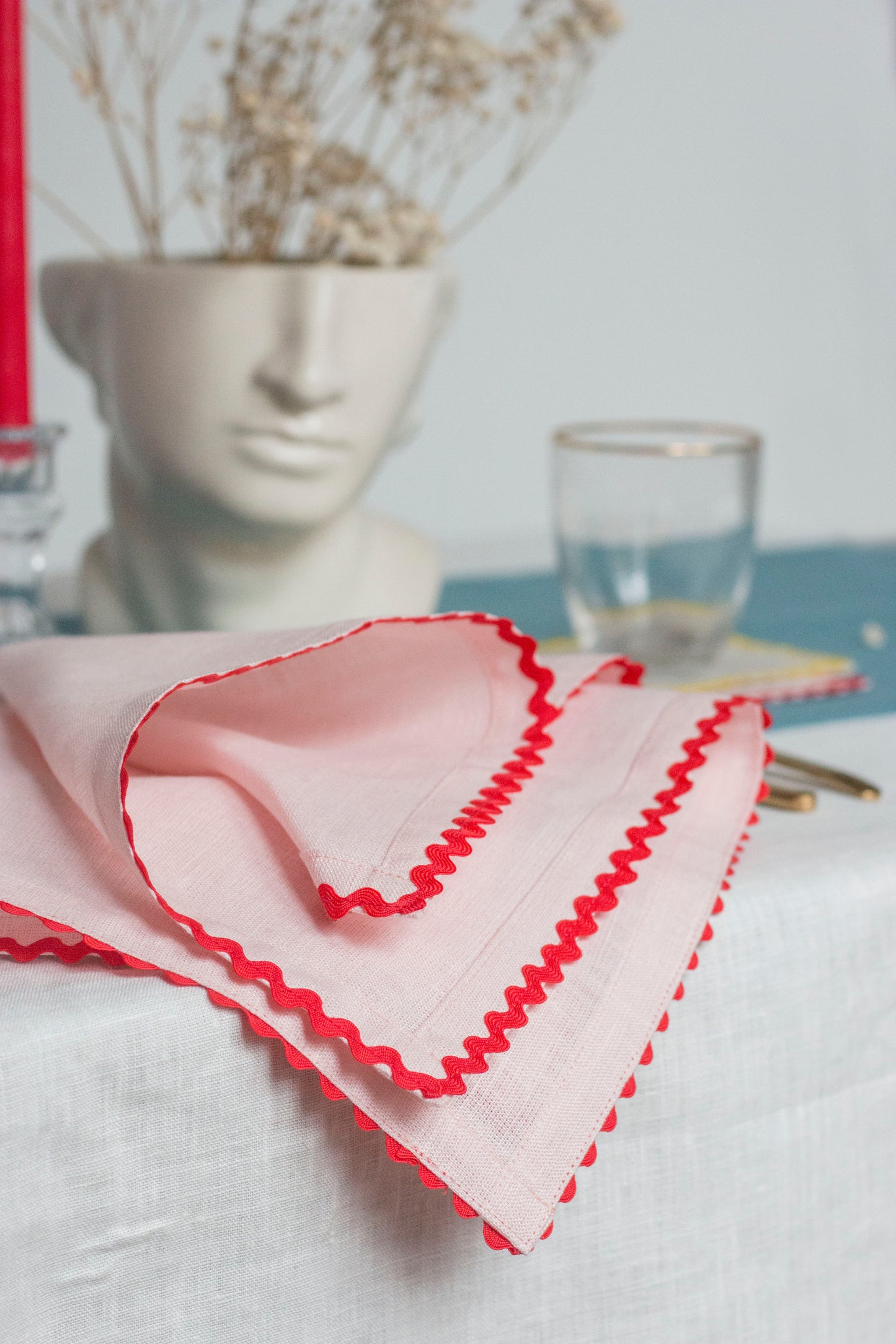 Set of 2 Pink Linen Napkins With Red Rick-Rack Trim
