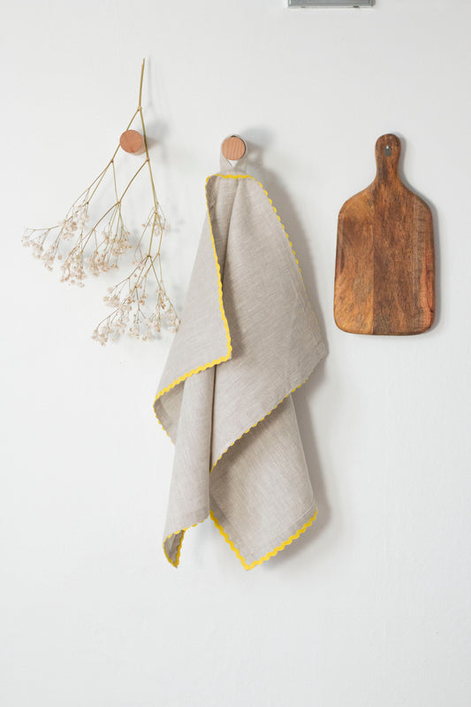 Natural Linen Kitchen Towel With Yellow Rick-Rack Trim