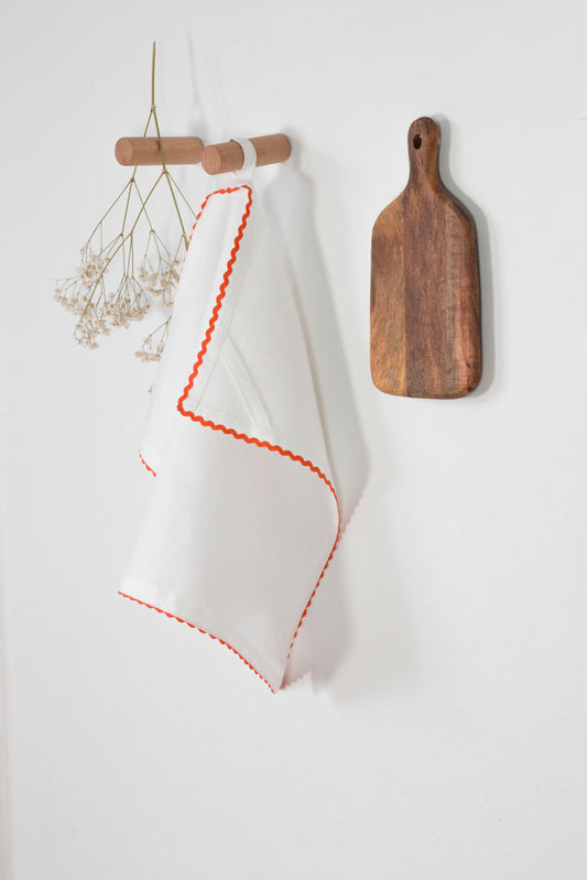 White Linen Kitchen Towel With Orange Rick-Rack Trim