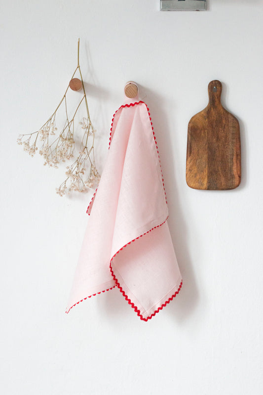Pink Linen Kitchen Towel With Red Rick-Rack Trim