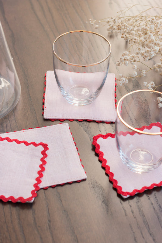 Pink Linen Coasters With Red Rick Rack Trim