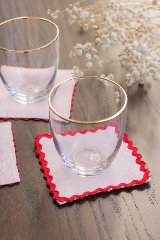 Pink Linen Coasters With Red Rick Rack Trim