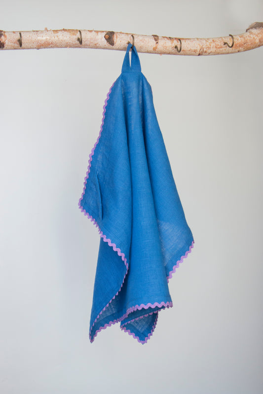 Royal Blue Linen Kitchen Towel With Purple Rick-Rack Trim