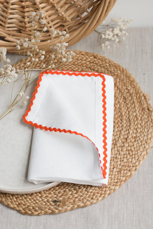 Set of 2 White Linen Napkins With Orange Rick-Rack Trim