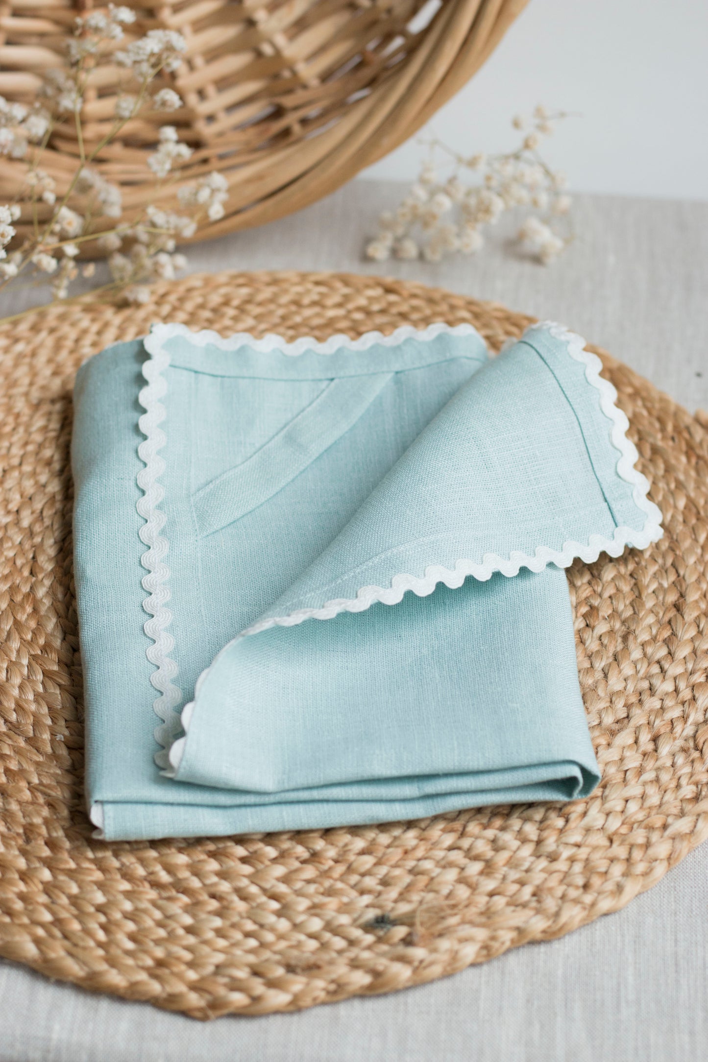 Dusty Blue Linen Kitchen Towel With White Rick-Rack Trim