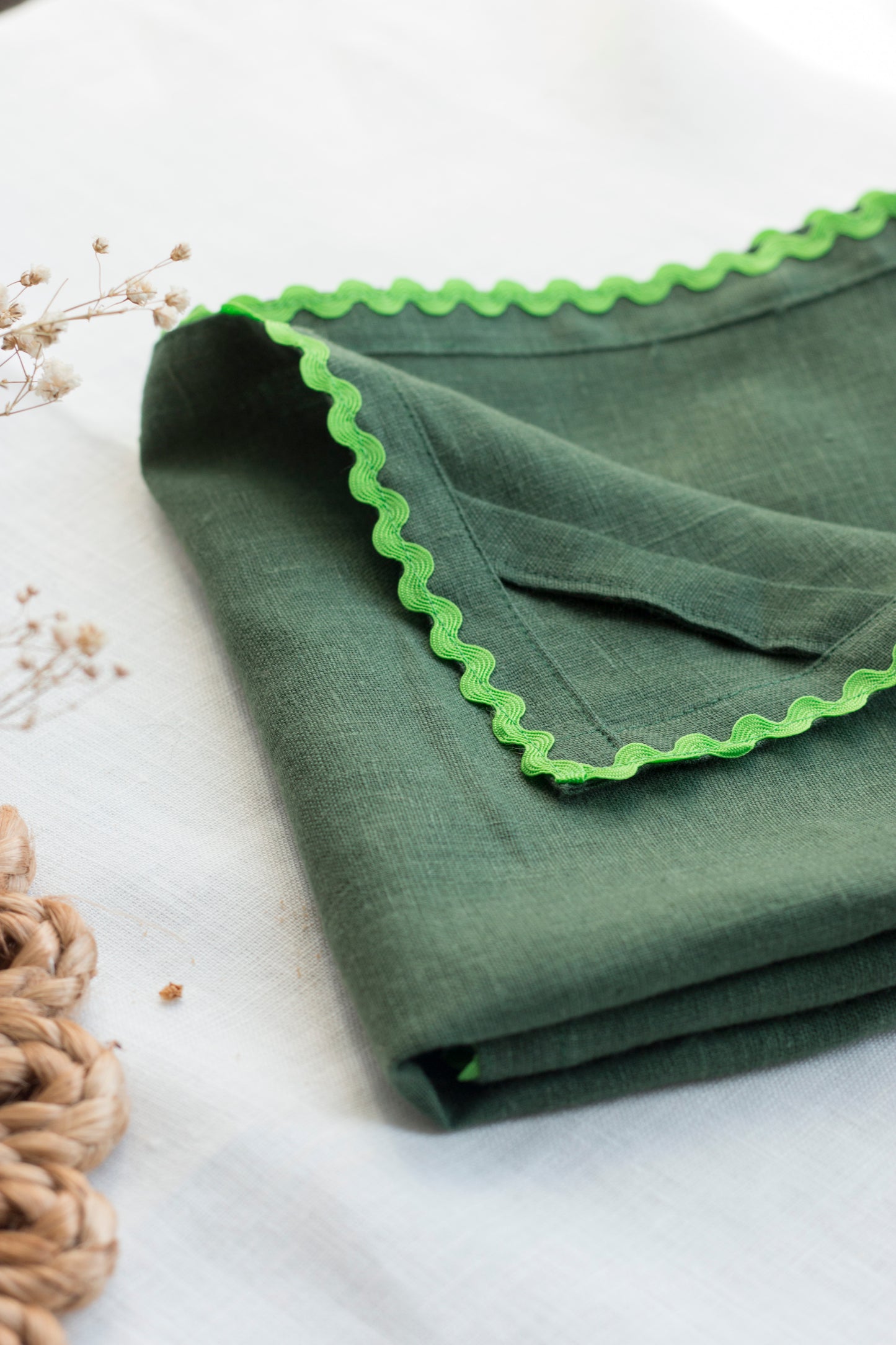Emerald Green Linen Kitchen Towel With Green Rick-Rack Trim