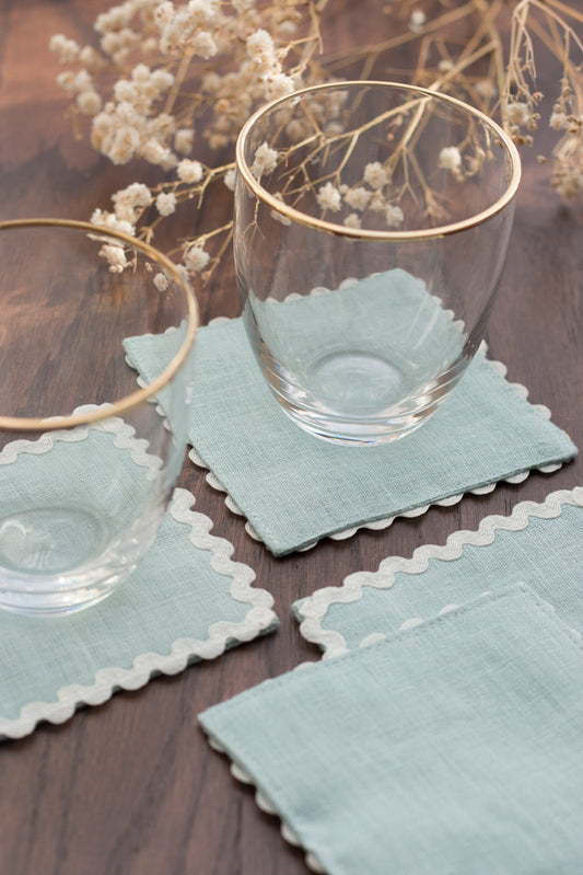 Dusty Blue Linen Coasters With White Rick Rack Trim