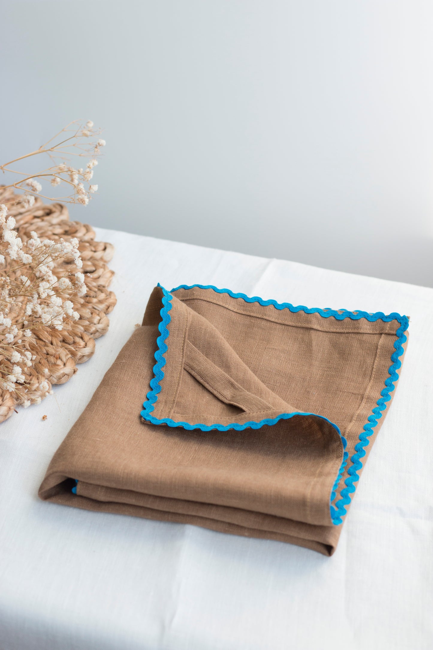 Caramel Brown Linen Kitchen Towel With Royal Blue Rick-Rack Trim