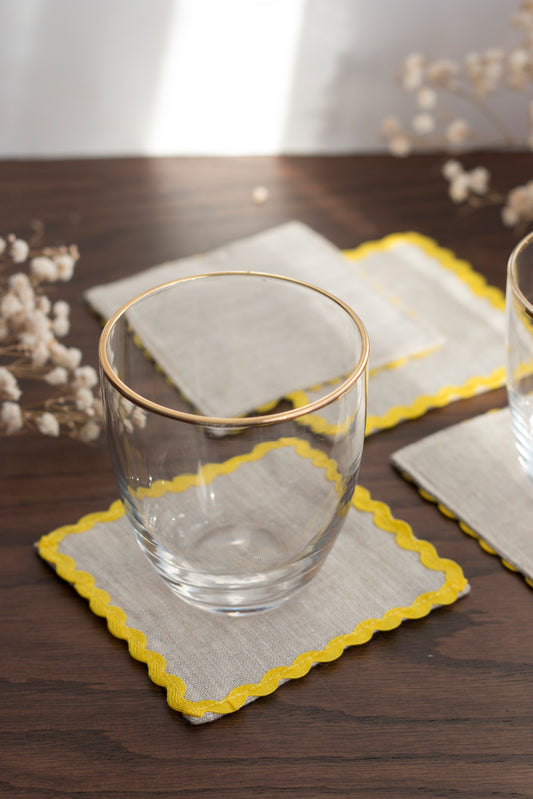 Natural Linen Coasters With Yellow Rick Rack Trim