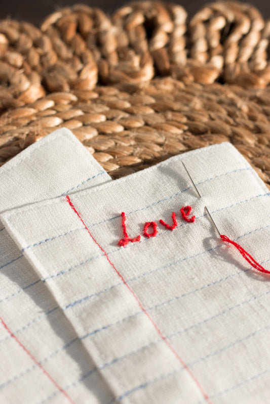 Love Note linen coasters set of 2 with hand embroidery
