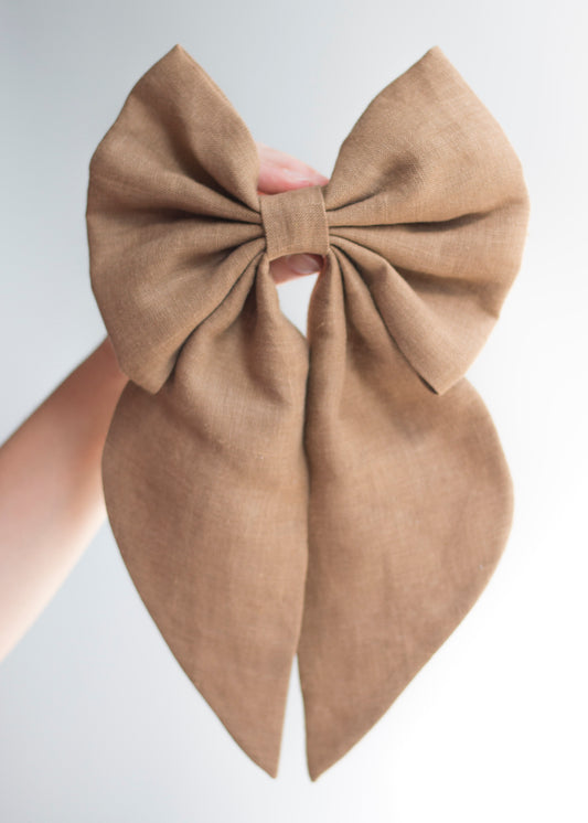 Linen Hair Bow barrette (Caramel Brown)