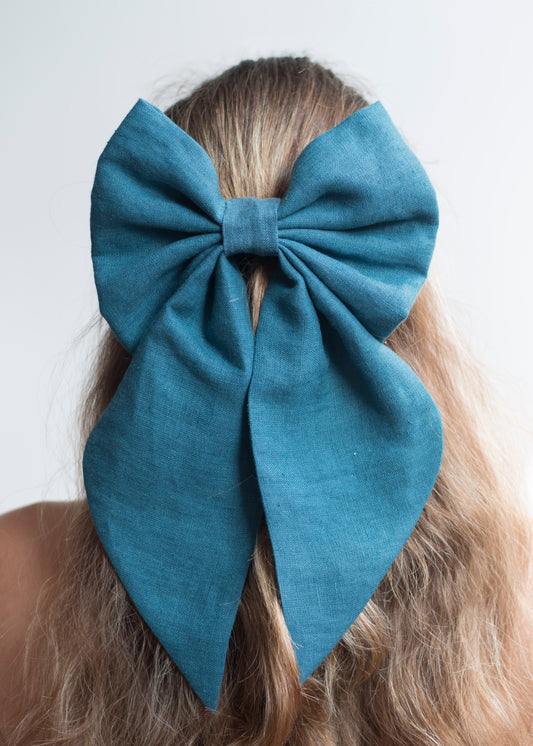 Linen Hair Bow barrette (Deep Blue)