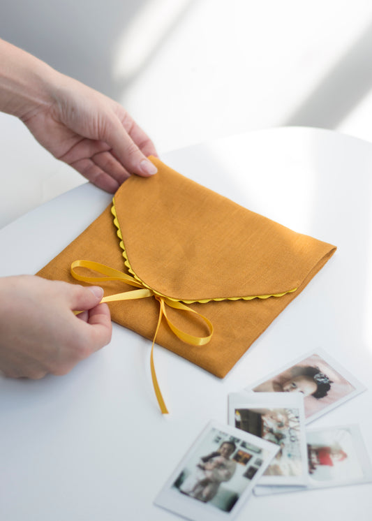 Honey Comb Linen Pouch with Yellow Trim