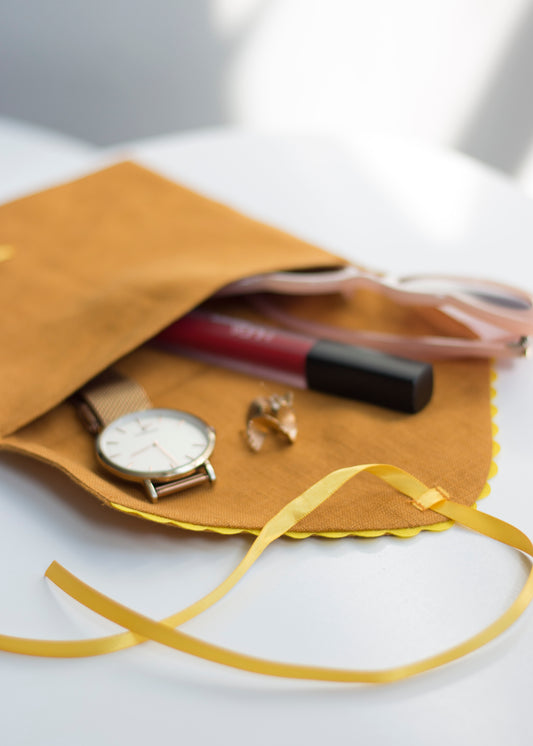 Honey Comb Linen Pouch with Yellow Trim