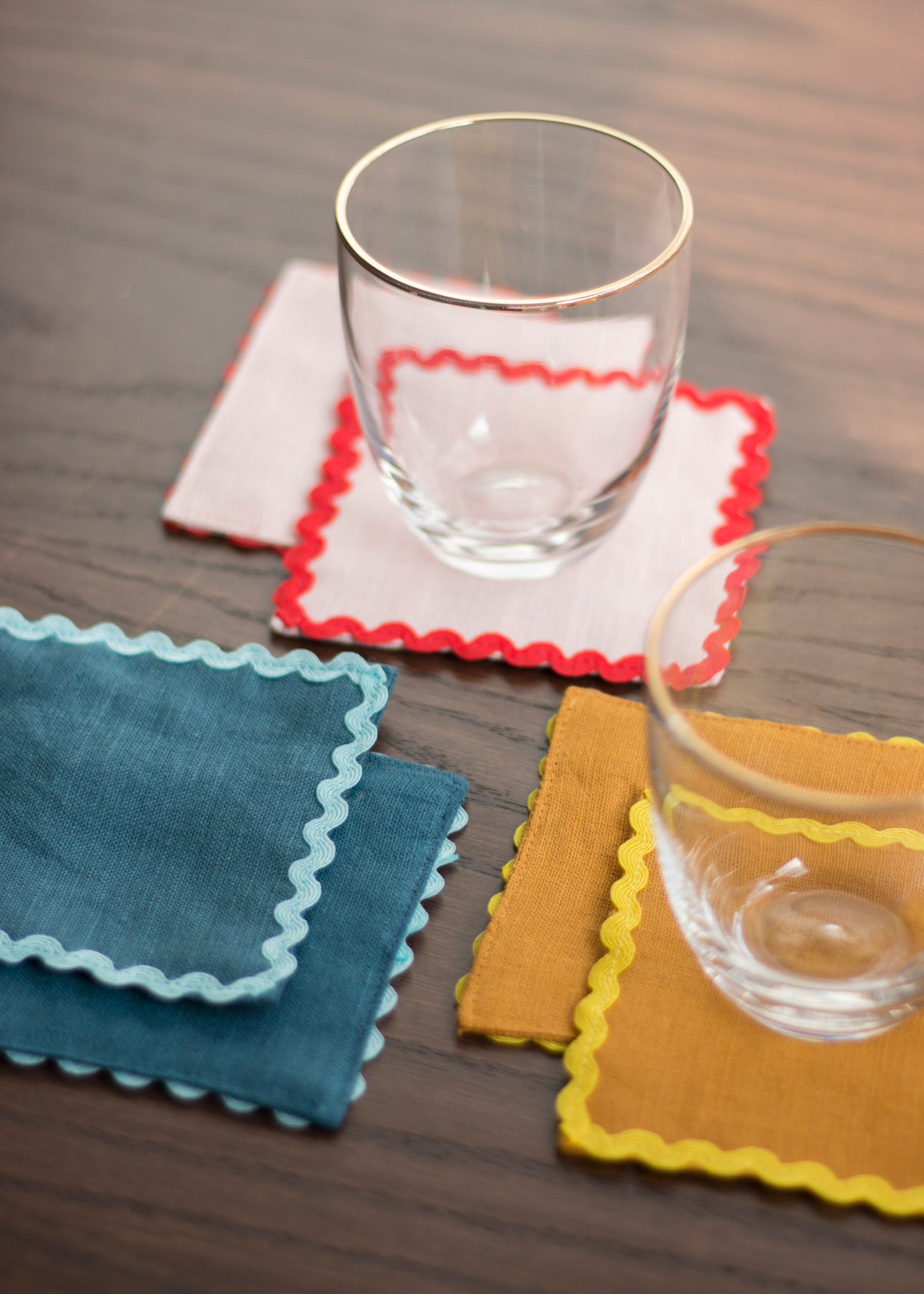 Mixed Linen Coasters With Multicolor Rick Rack Trim