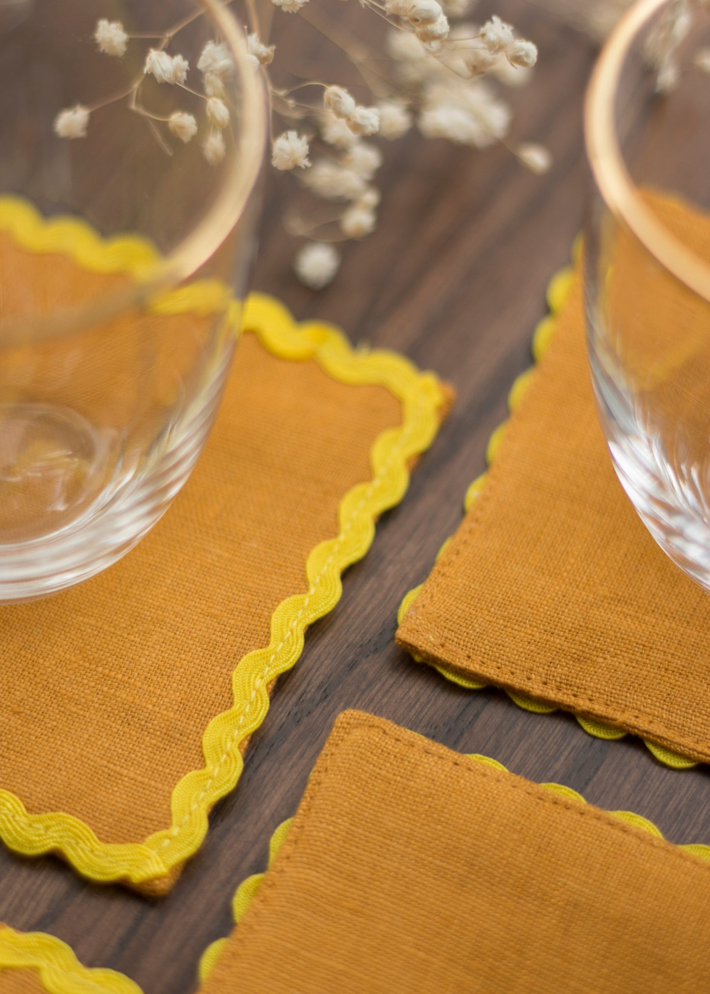 Orange Sand Linen Coasters With Yellow Rick Rack Trim