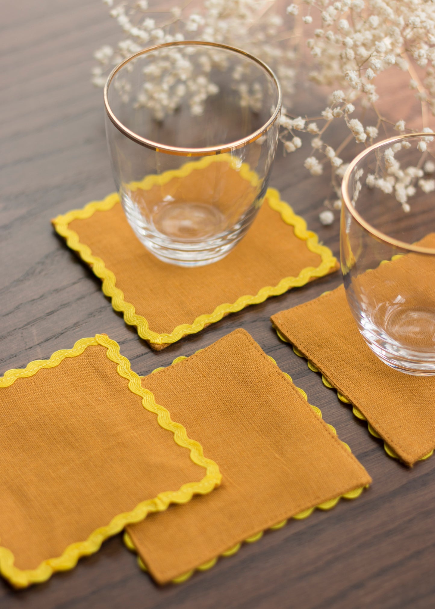 Orange Sand Linen Coasters With Yellow Rick Rack Trim