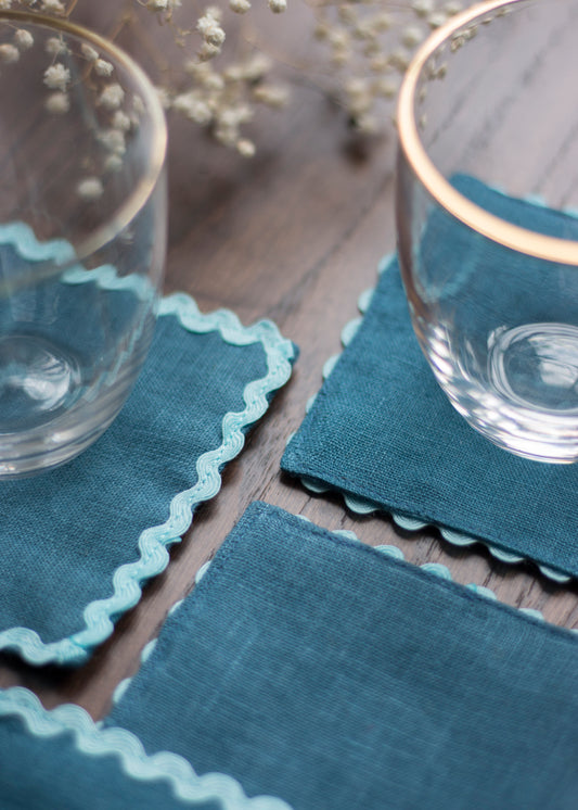 Navy Linen Coasters With Blue Rick Rack Trim