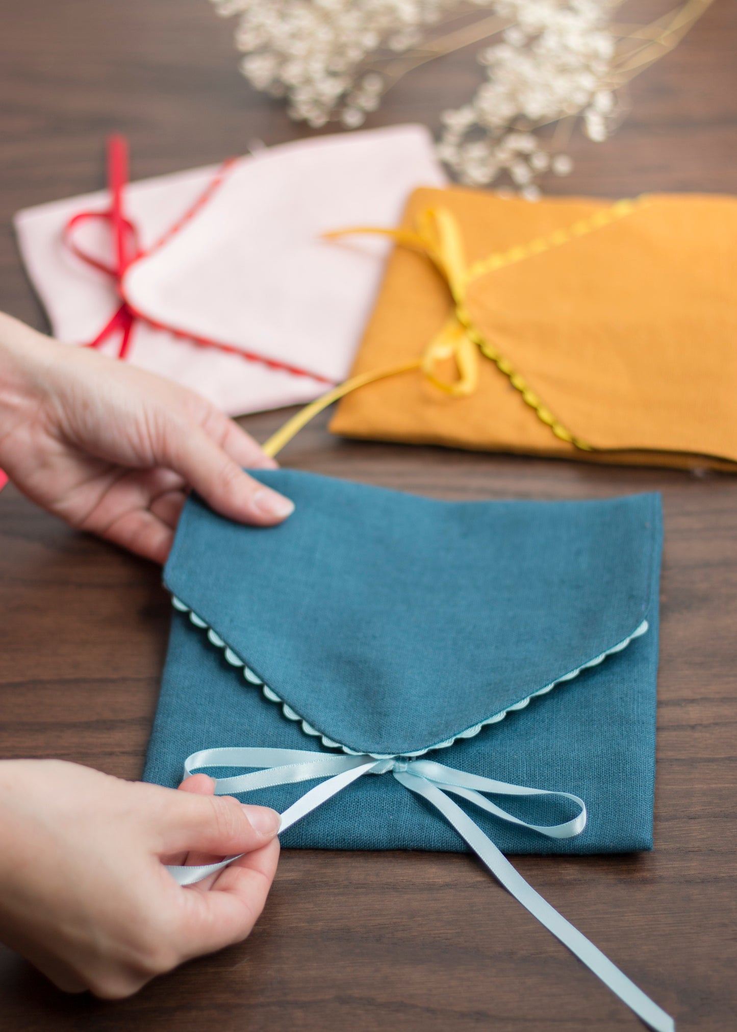 Ocean Blue Linen Pouch with Blue Trim