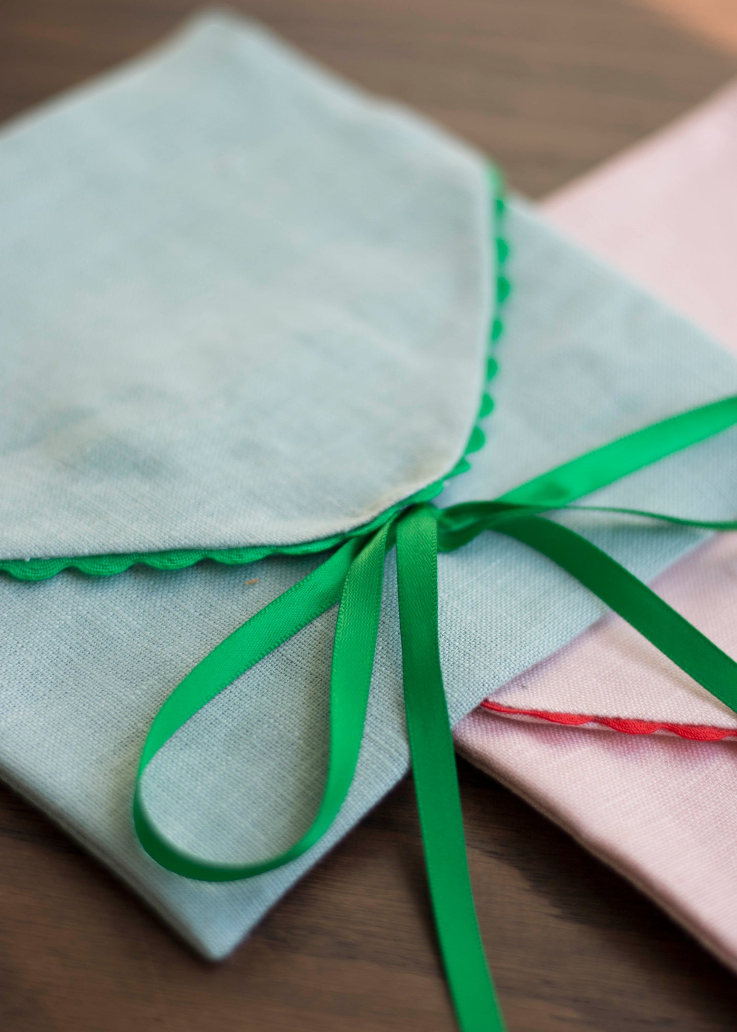 Dusty Blue Linen Pouch with Green Trim