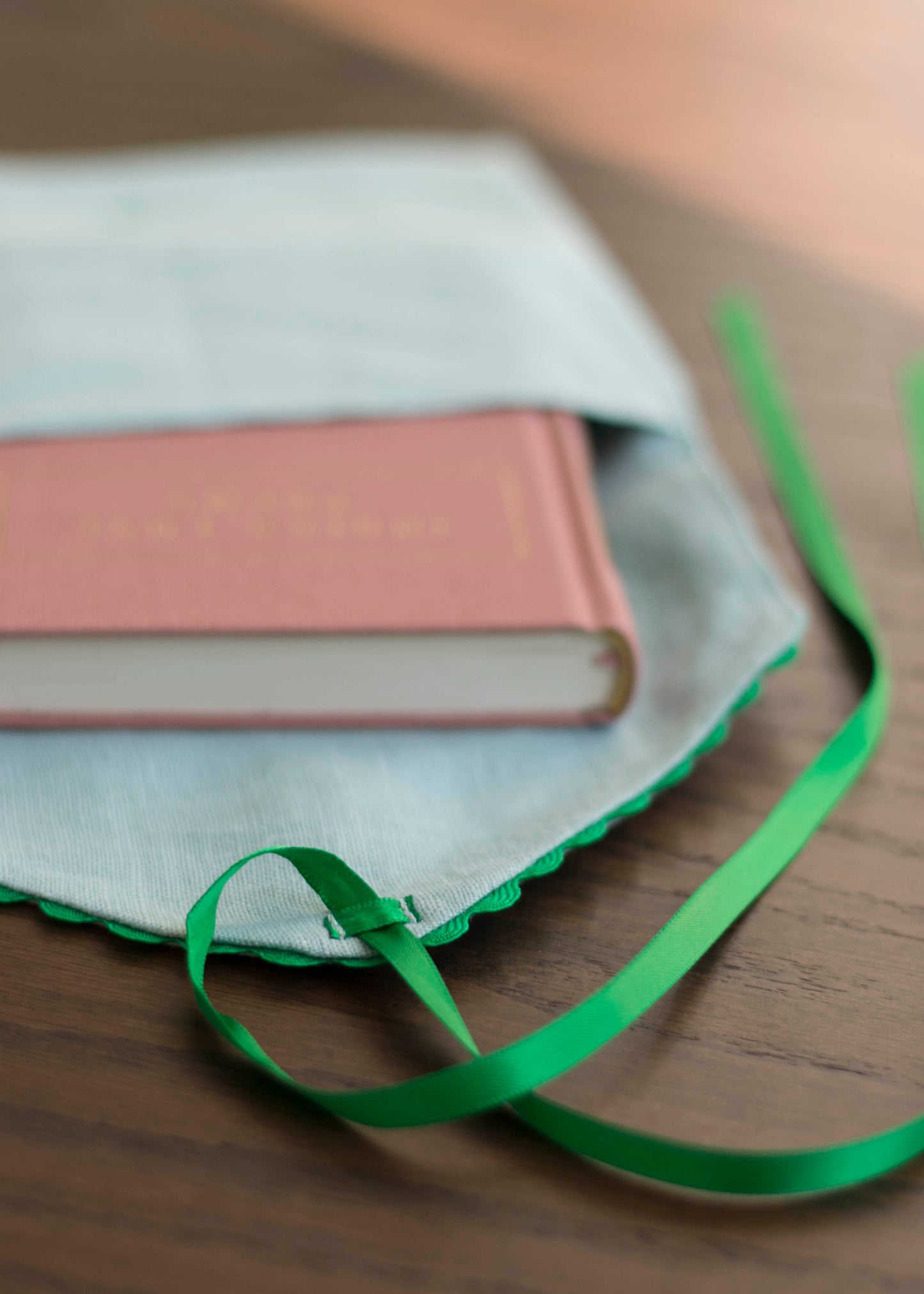 Dusty Blue Linen Pouch with Green Trim