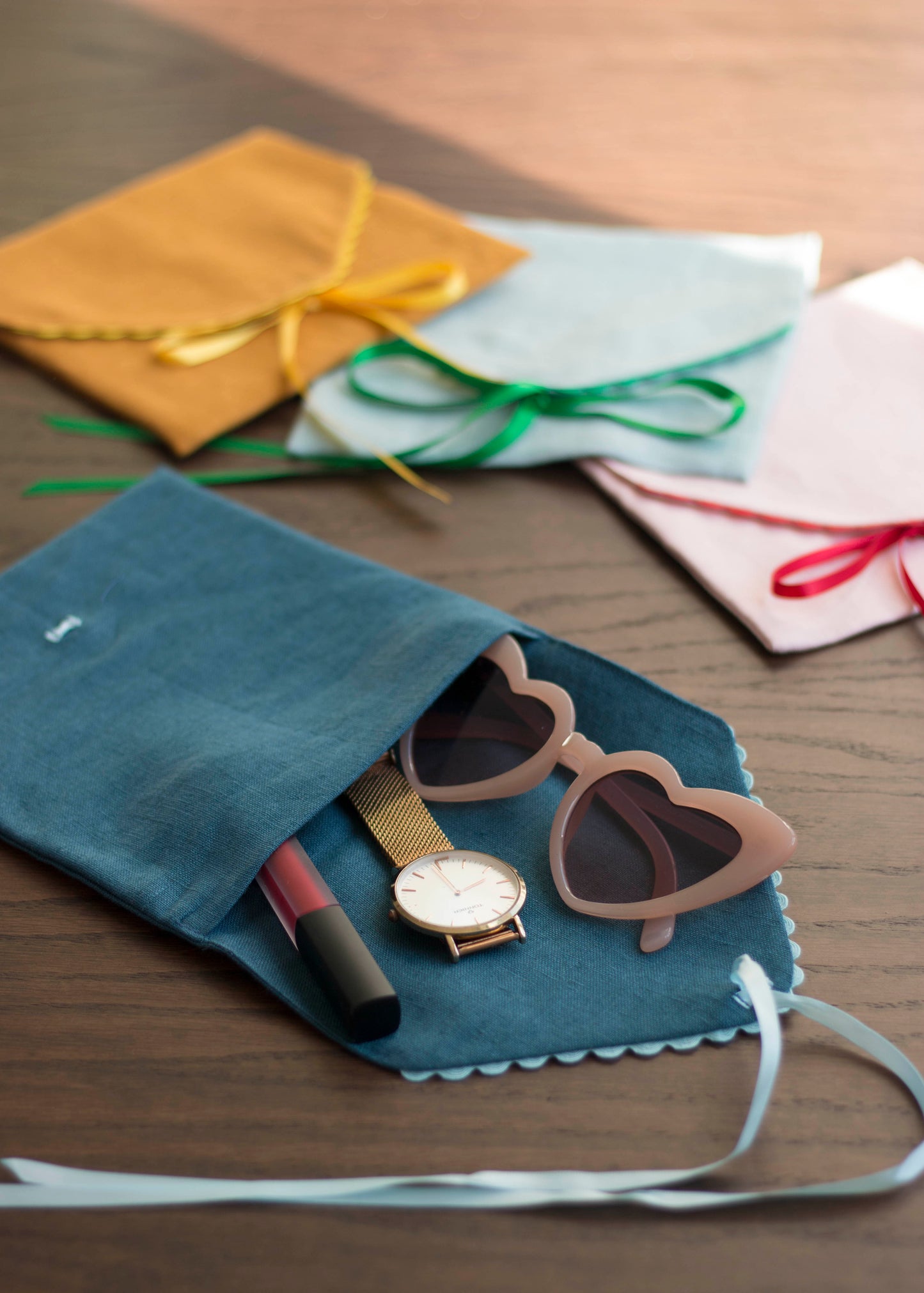 Ocean Blue Linen Pouch with Blue Trim