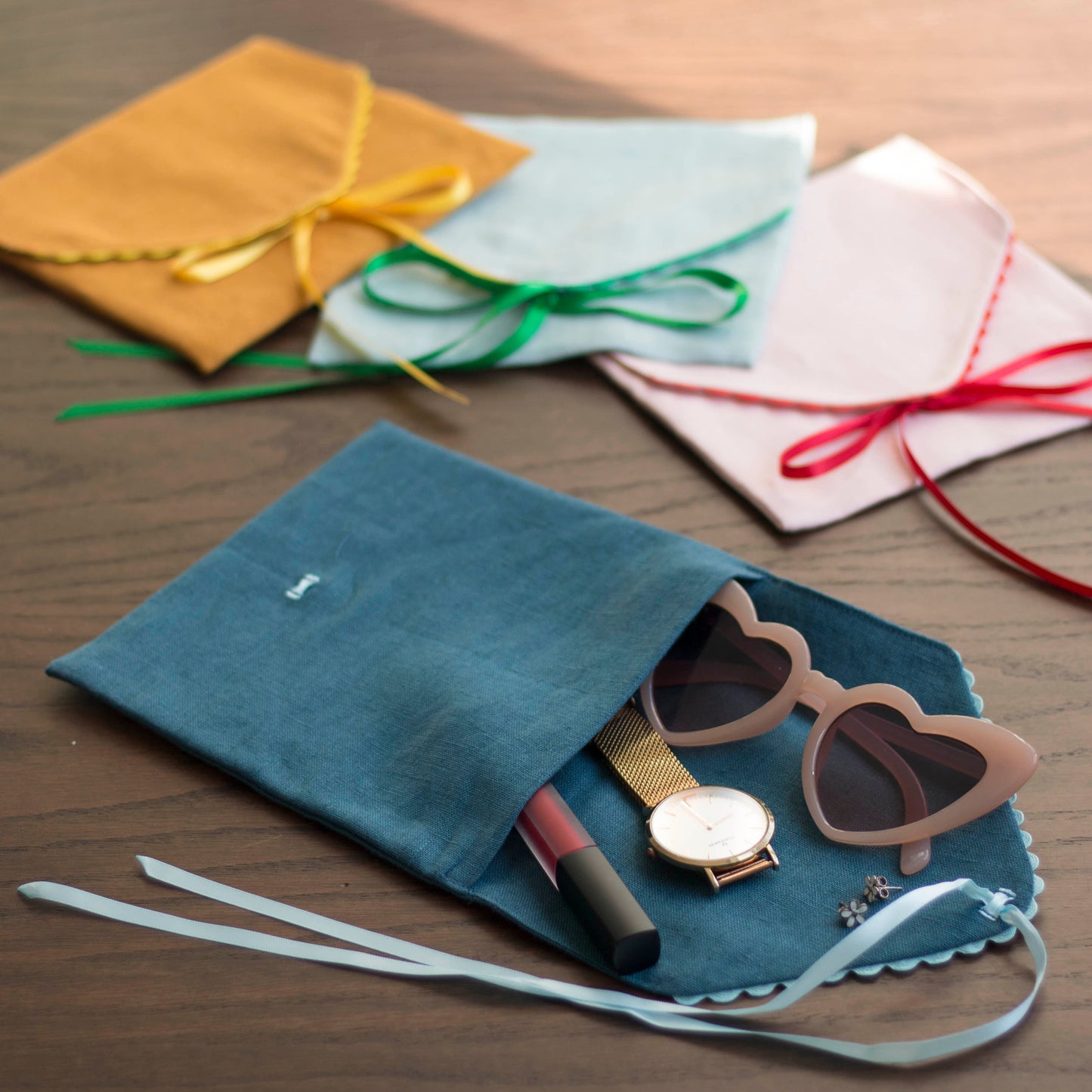 Pink Linen Pouch with Red Trim