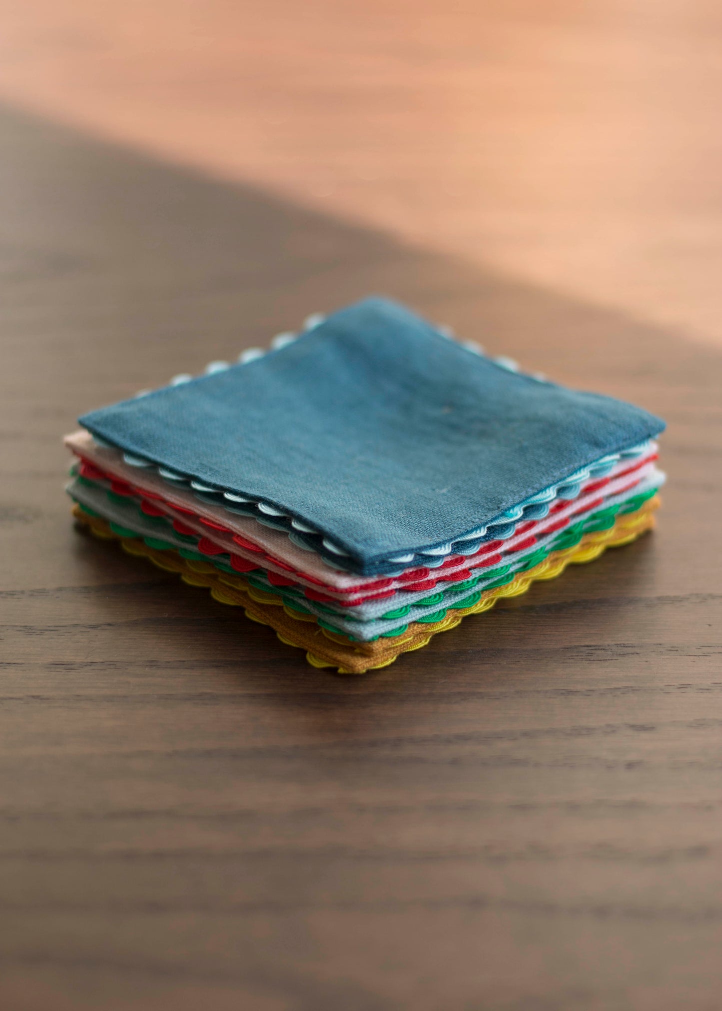 Mixed Linen Coasters With Multicolor Rick Rack Trim