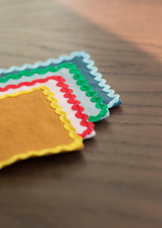 Mixed Linen Coasters With Multicolor Rick Rack Trim