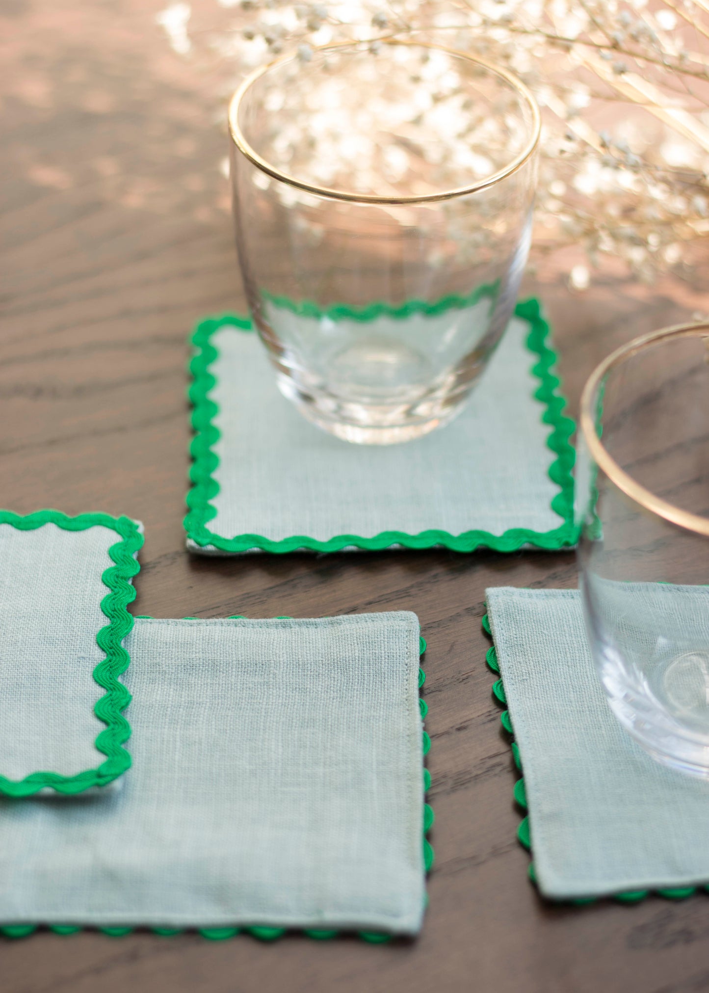 Dusty Blue Linen Coasters with Green Rick Rack Trim