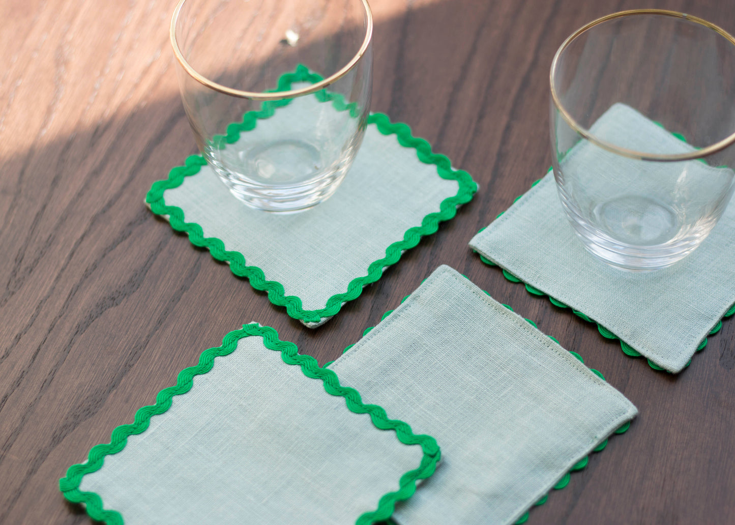 Dusty Blue Linen Coasters with Green Rick Rack Trim