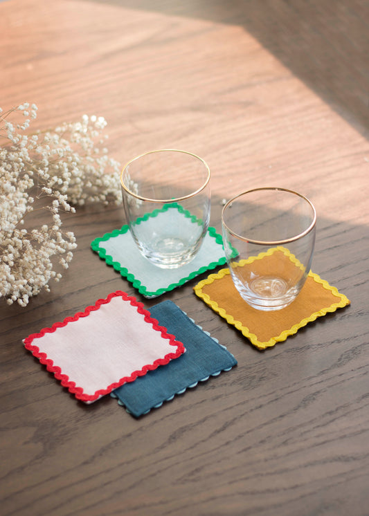 Mixed Linen Coasters With Multicolor Rick Rack Trim