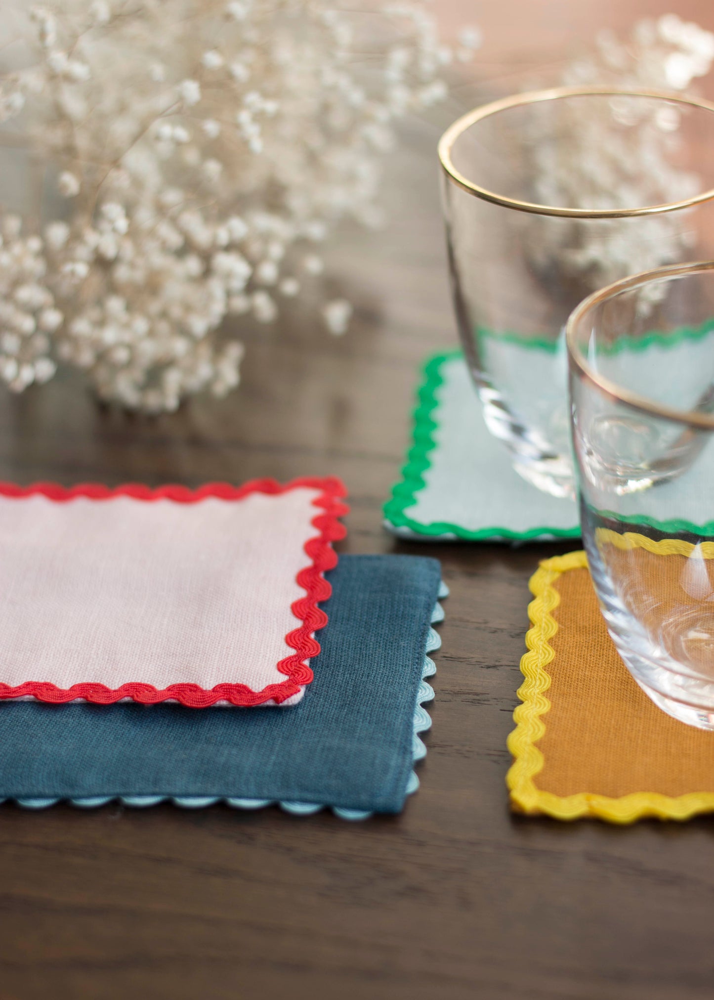 Mixed Linen Coasters With Multicolor Rick Rack Trim