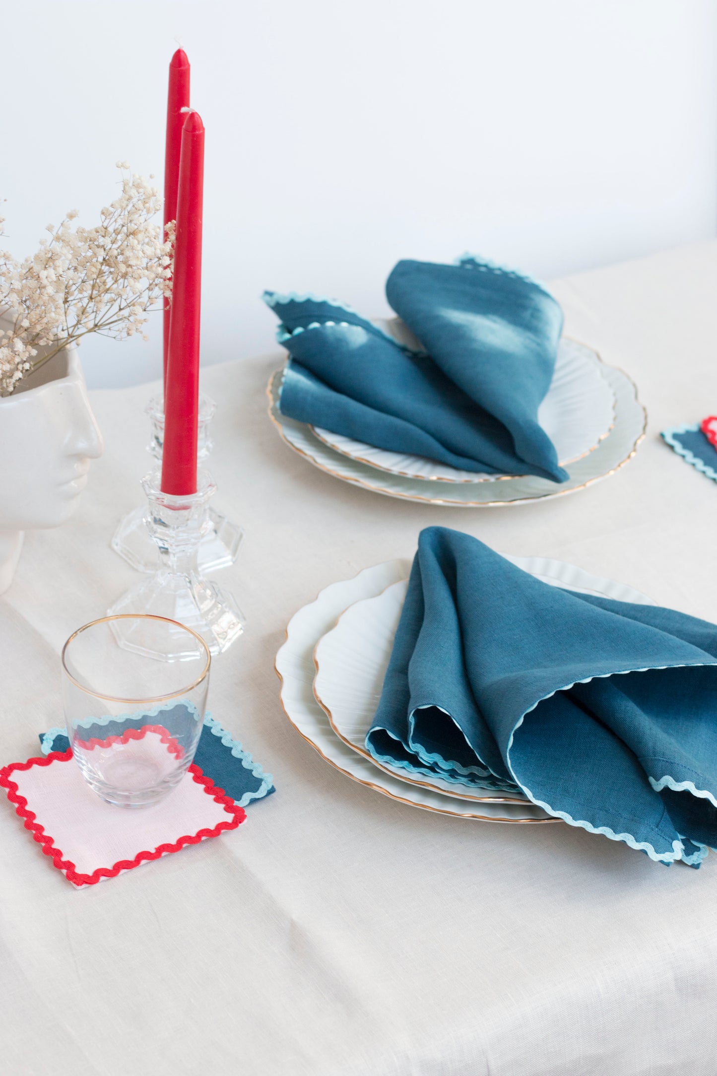 Set of 2 Deep Ocean Linen Napkins With Blue Rick-Rack Trim