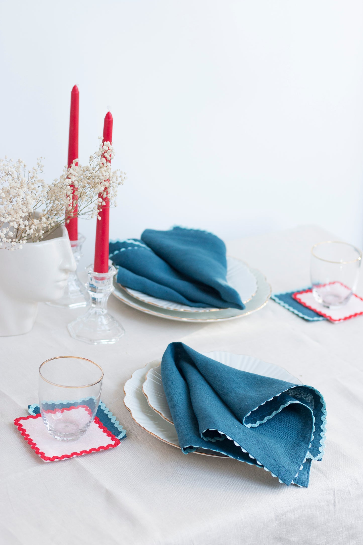 Set of 2 Deep Ocean Linen Napkins With Blue Rick-Rack Trim