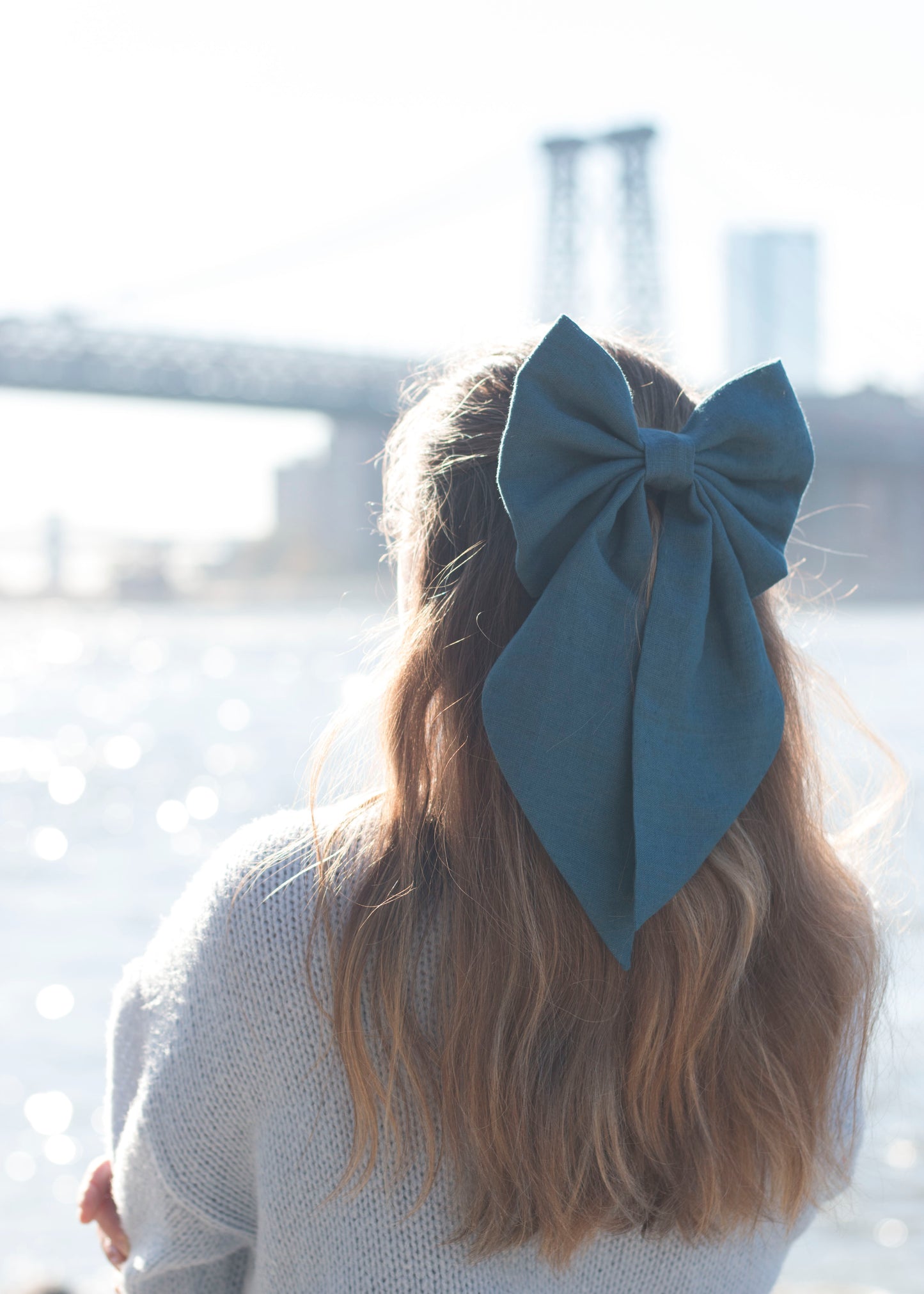 Linen Hair Bow barrette (Deep Blue)