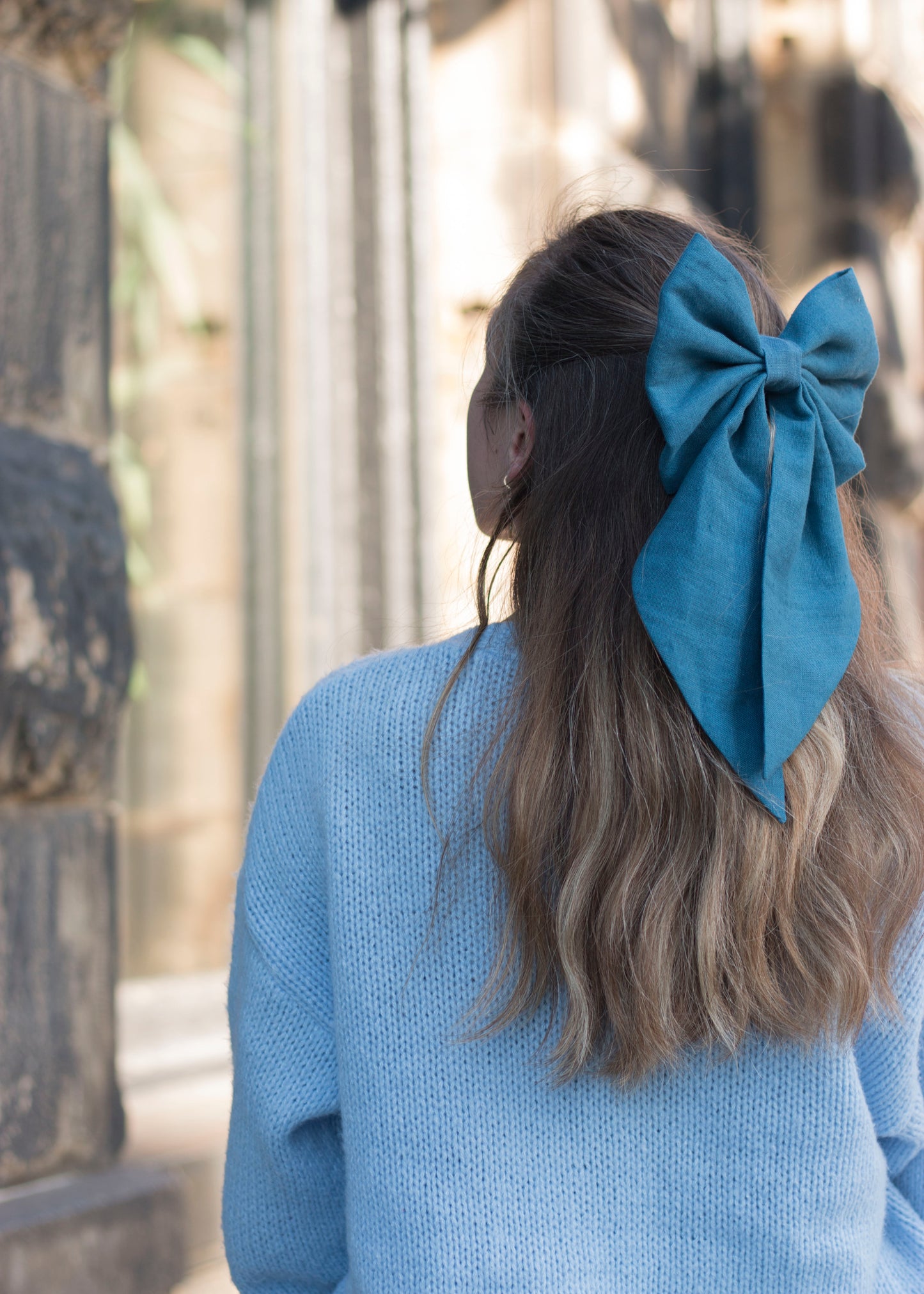 Linen Hair Bow barrette (Deep Blue)