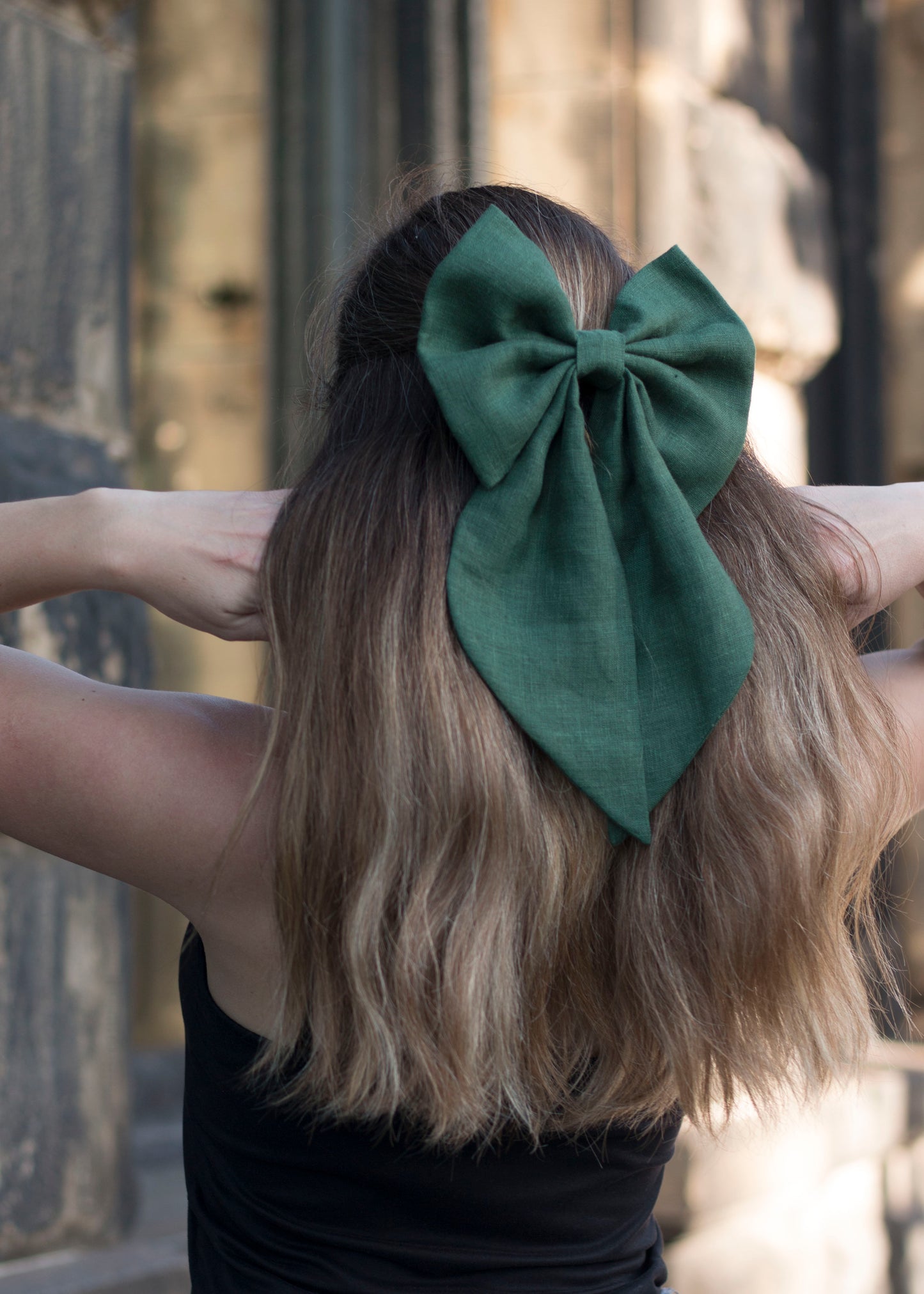 Linen Hair Bow barrette (Emerald Green)