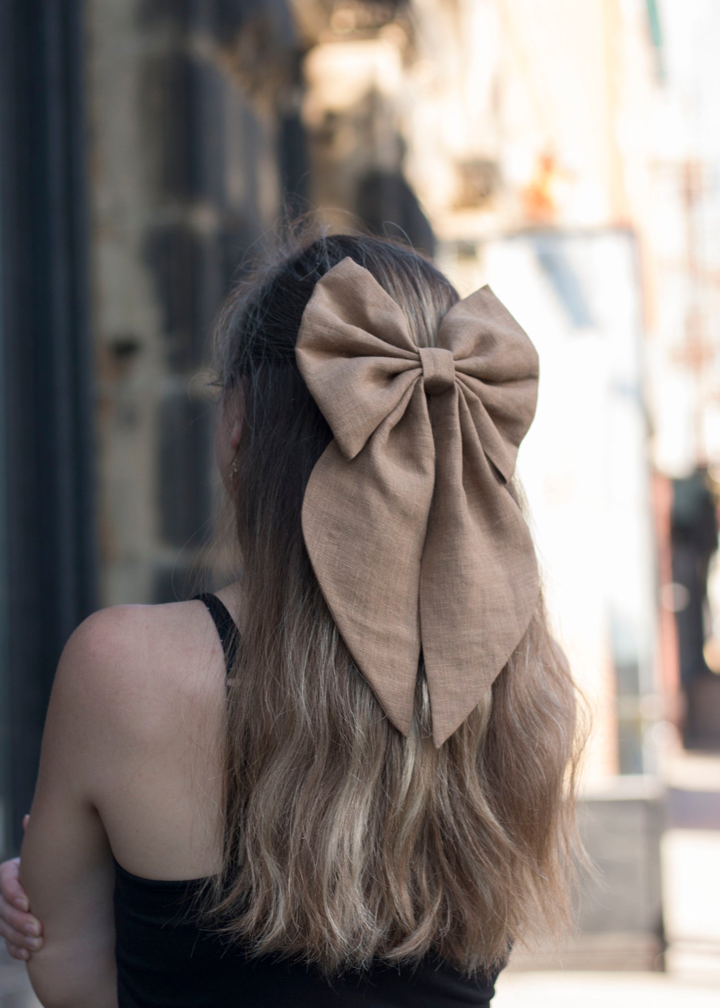 Linen Hair Bow barrette (Caramel Brown)