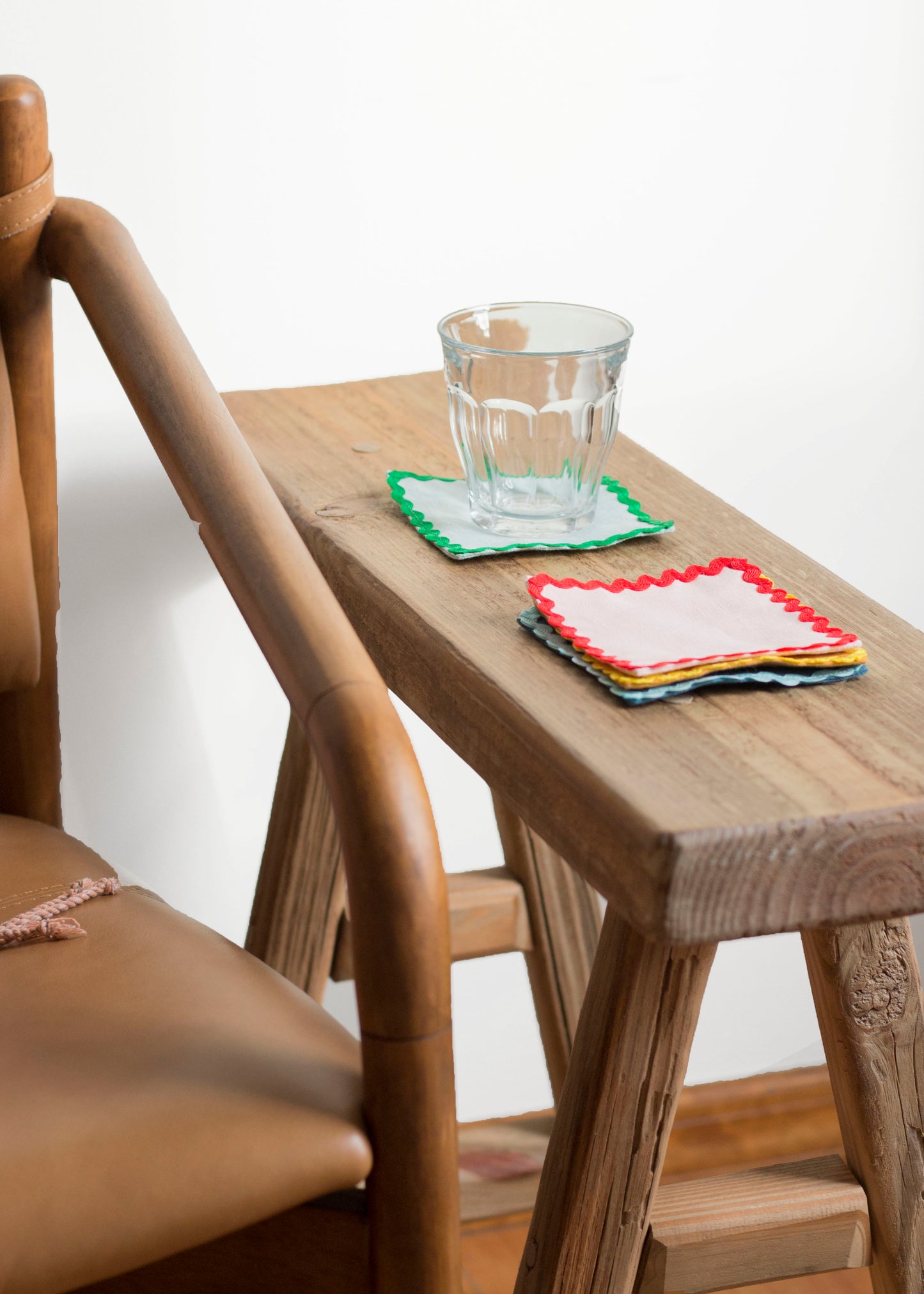 Mixed Linen Coasters With Multicolor Rick Rack Trim