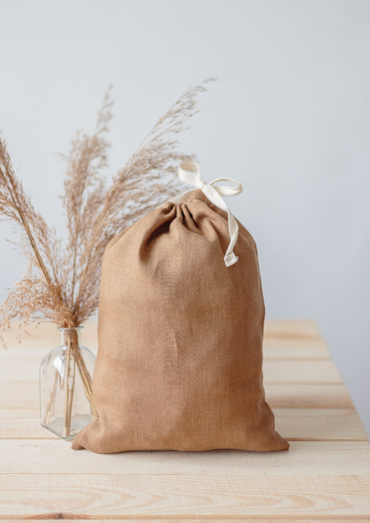 Caramel Brown Linen Drawstring Storage Bag