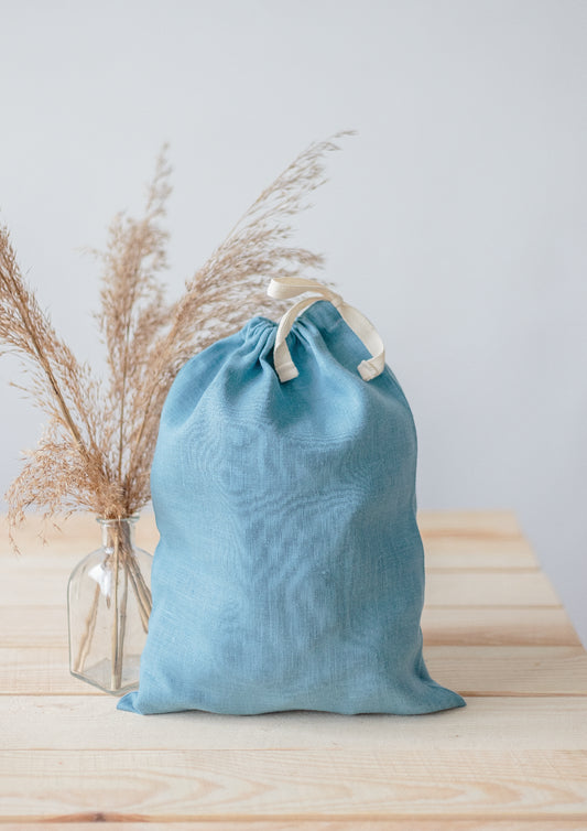 Turquoise Blue Linen Drawstring Storage Bag