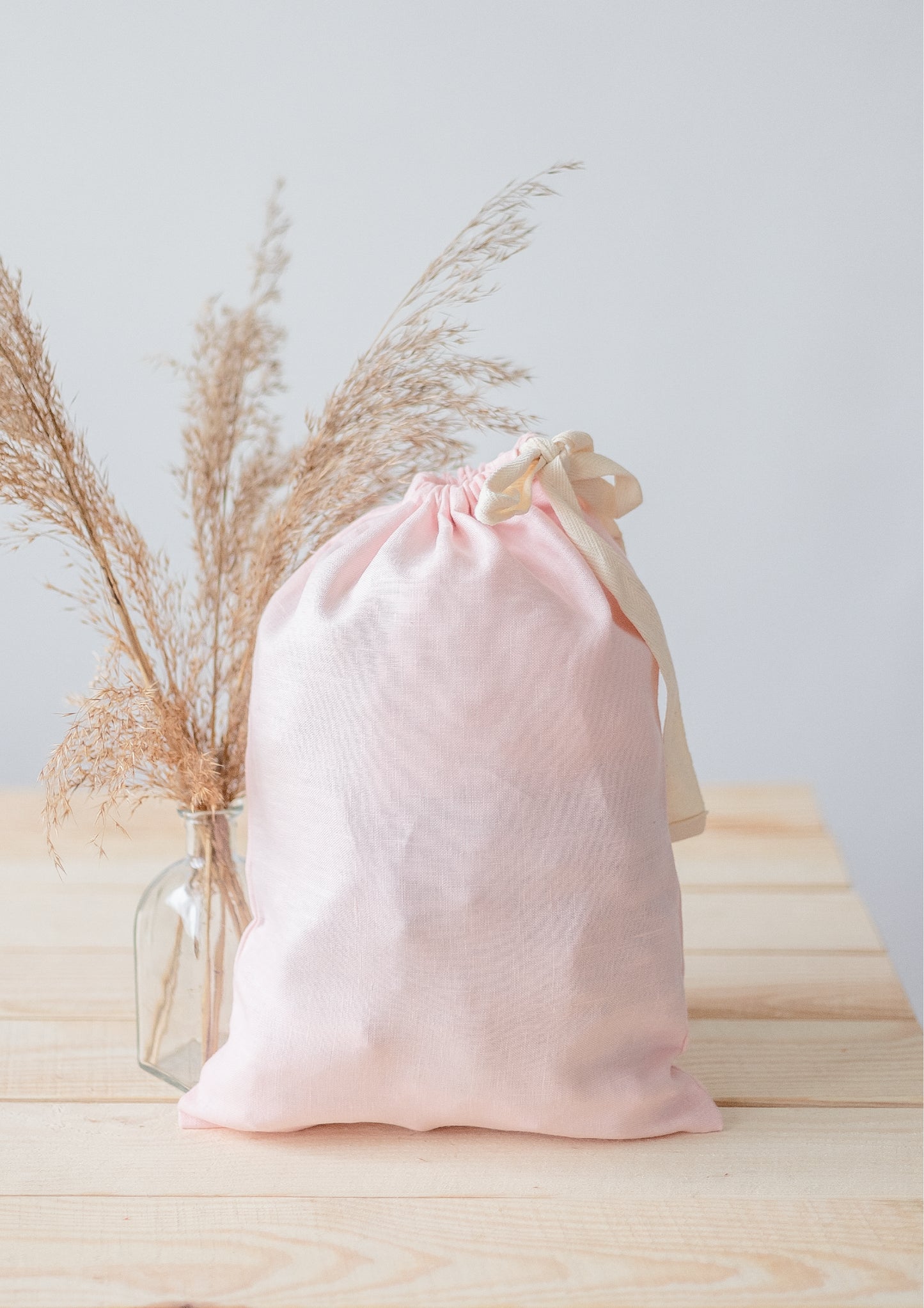 Powder Pink Linen Drawstring Storage Bag