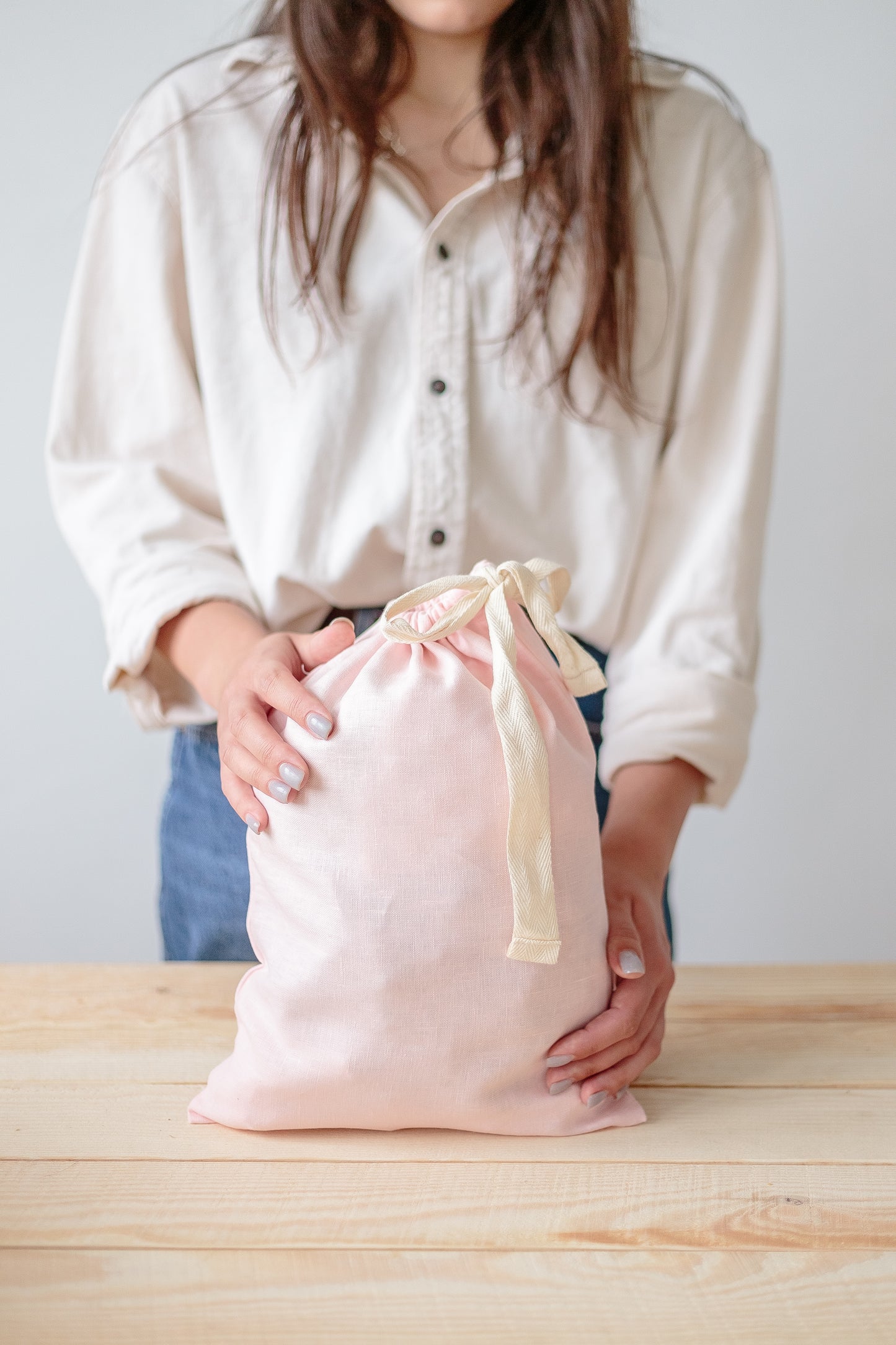 Powder Pink Linen Drawstring Storage Bag