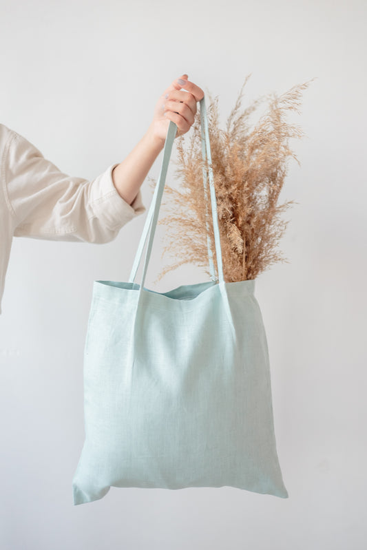 Dusty Blue and stripes linen tote bag
