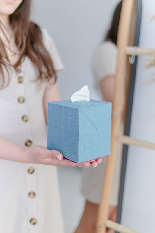 Blue Grey Linen Tissue Box Cover