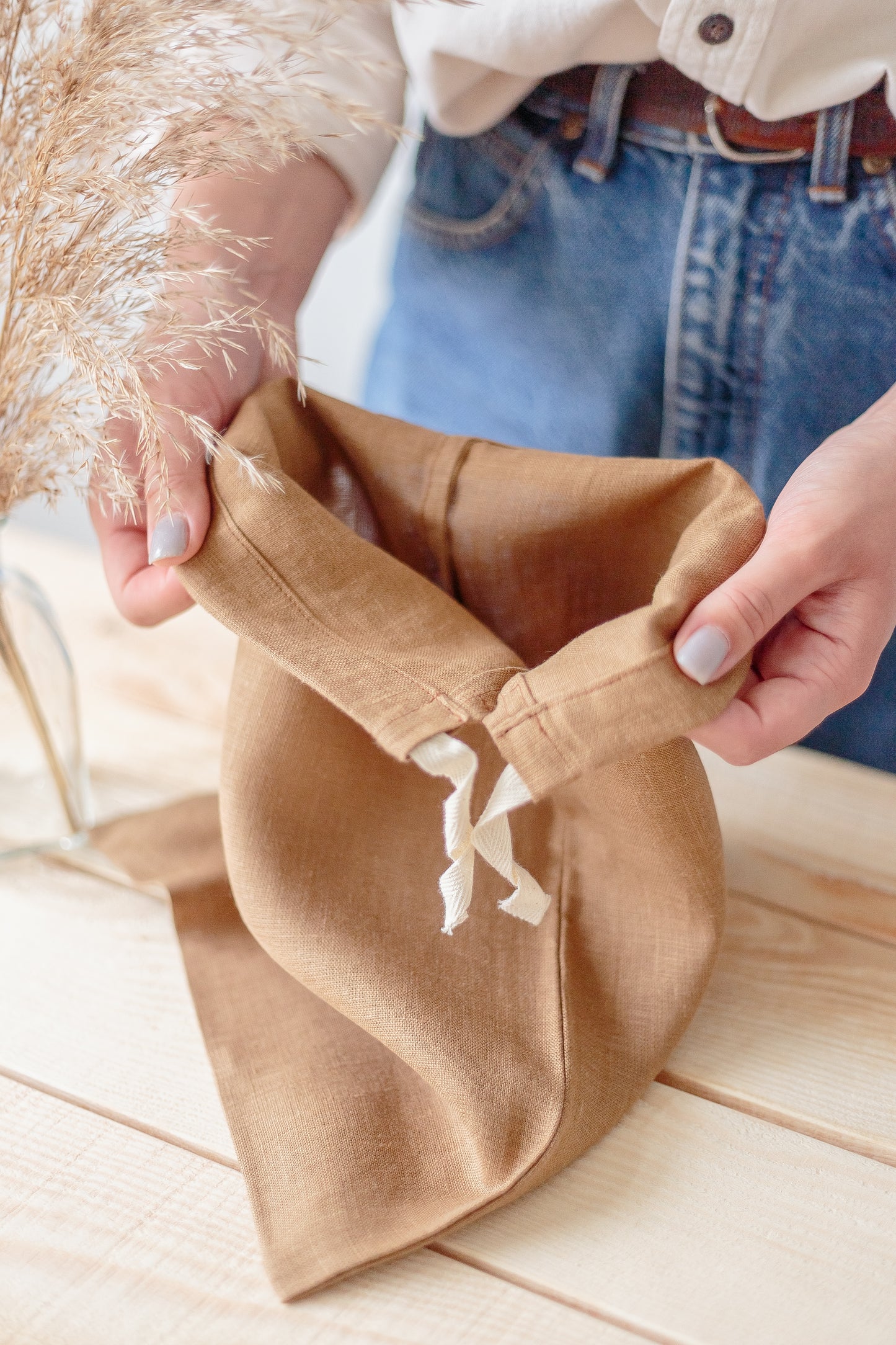 Caramel Brown Linen Drawstring Storage Bag