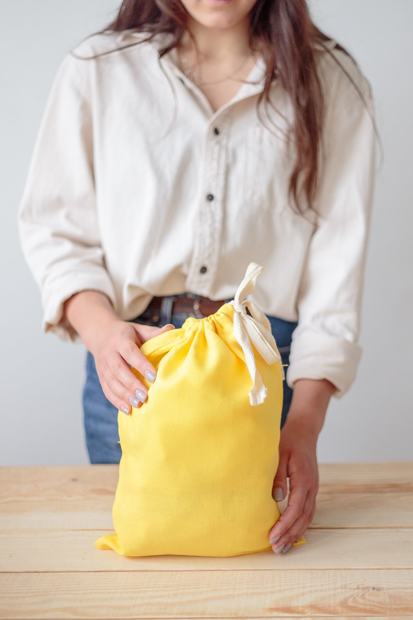 Lemon Yellow Linen Drawstring Storage Bag