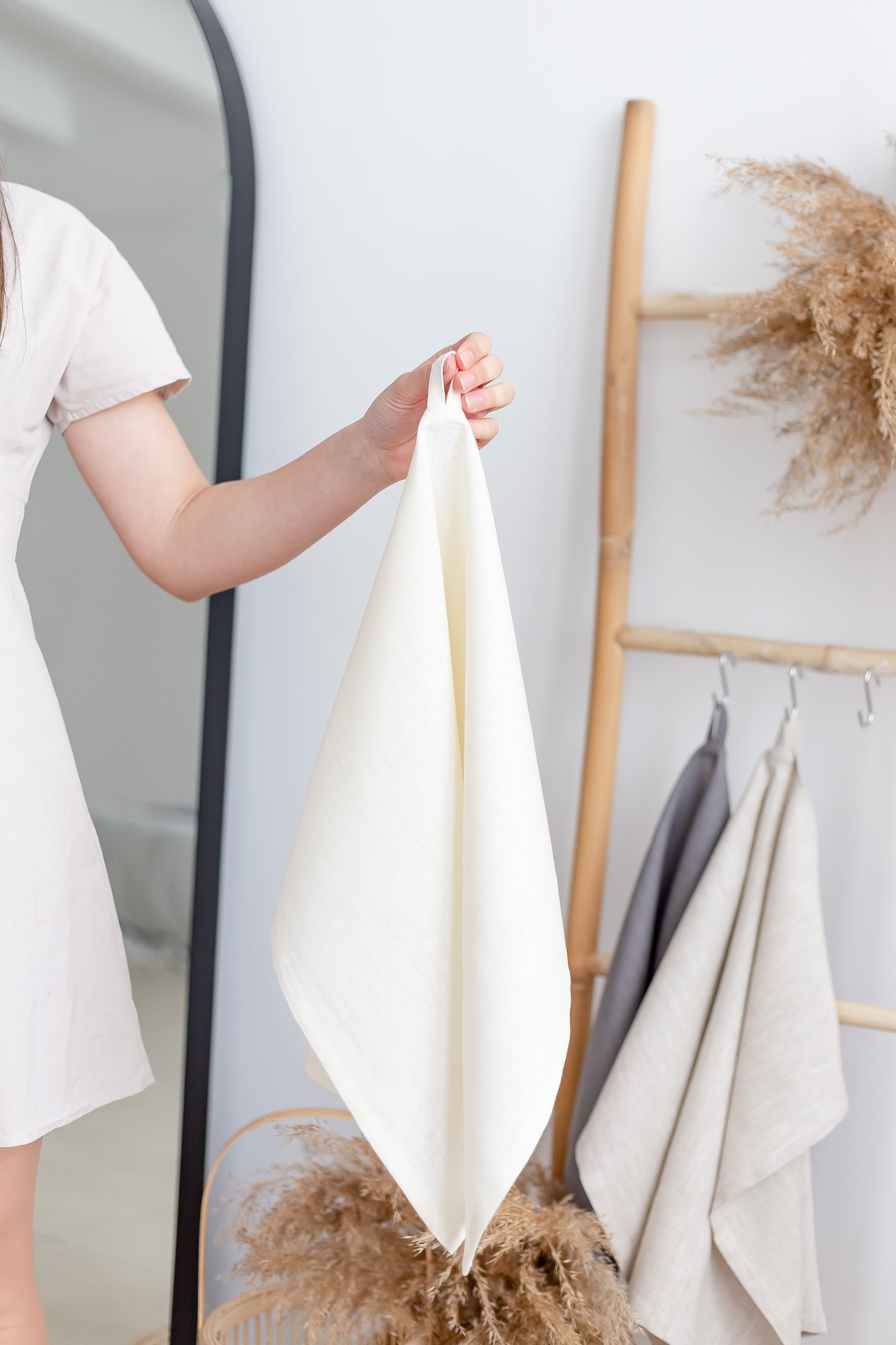 Eggshell white washed linen hand towel